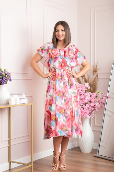 Rochie Sarah eleganta din voal cu volane si imprimeuri florale - Corai