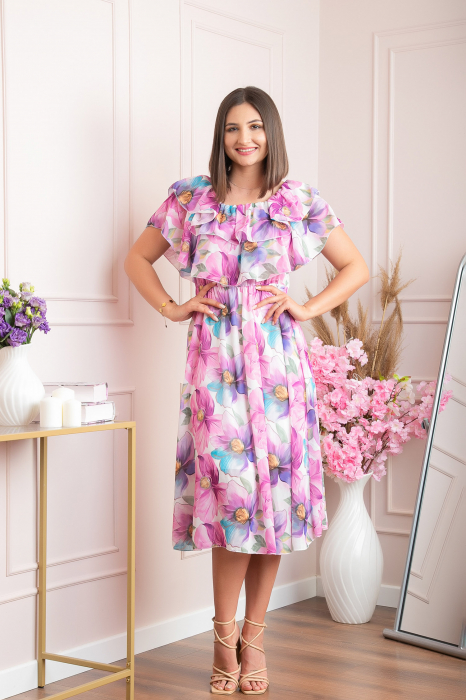 Rochie Sarah eleganta din voal cu volane si imprimeuri florale - Lila
