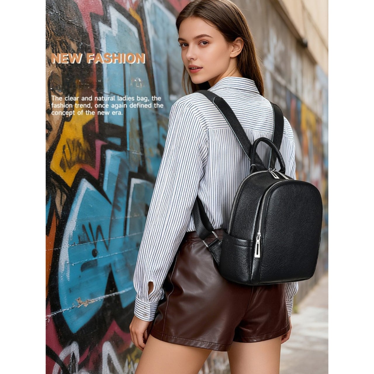 Rucsac dama, Marinela GT3847, piele naturala, Negru - poza 4