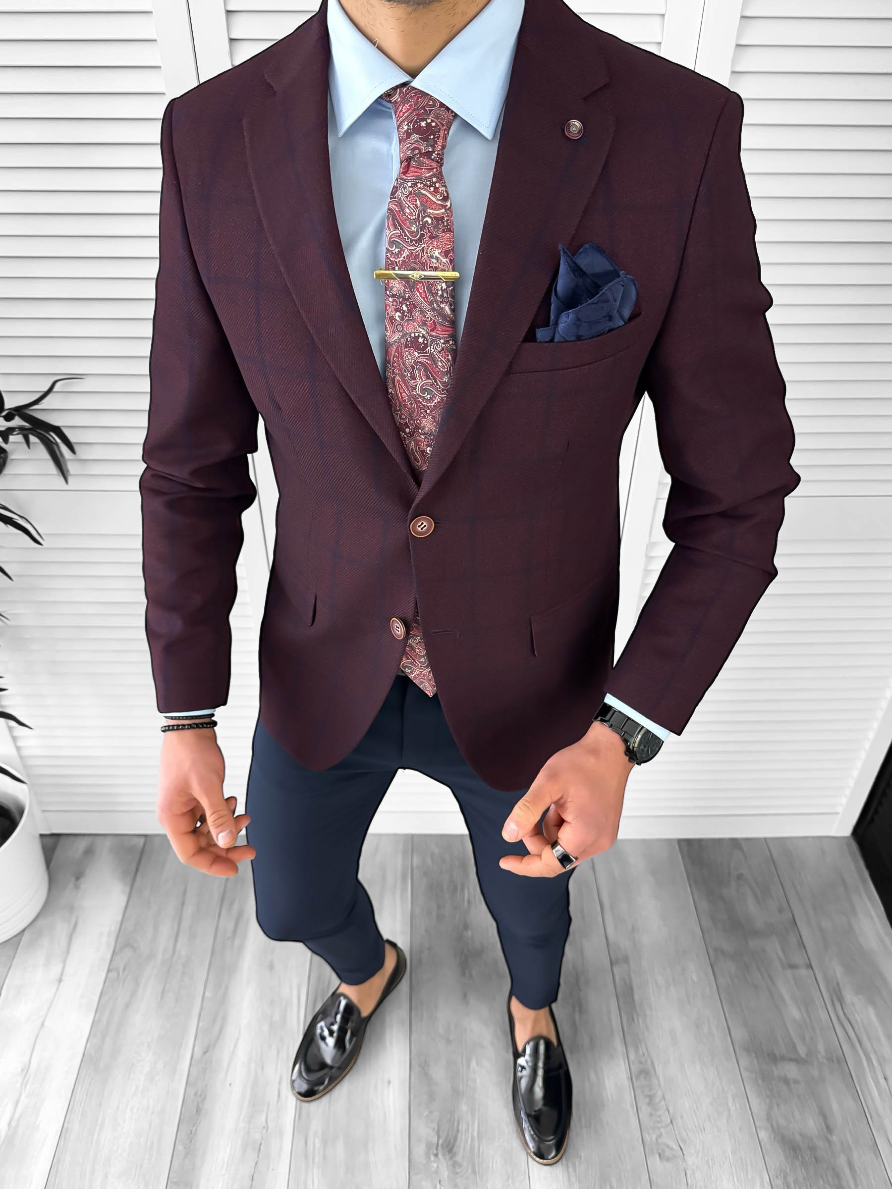 Sacou barbati slim fit grena cu carouri 3562