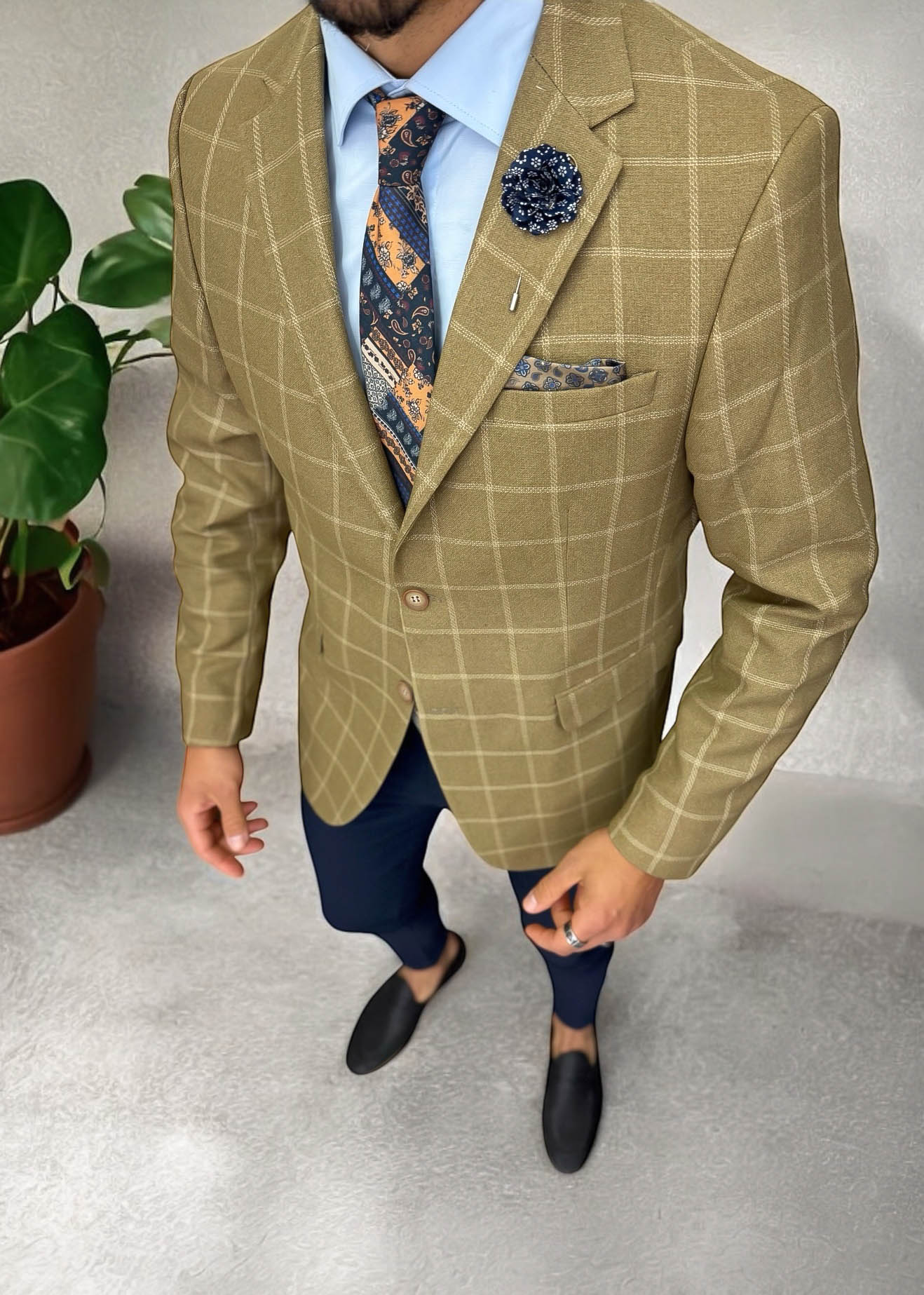Sacou barbati slim fit maro in carouri 3259 D3-3.2