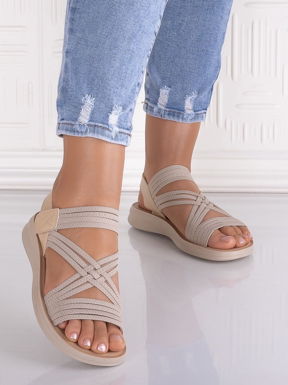 Sandale dama Bej Inchis din Material Textil Waldan - poza 5