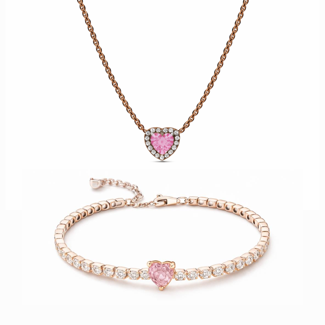Set bijuterii Colier si Bratara Pink Heart Cu Argint
