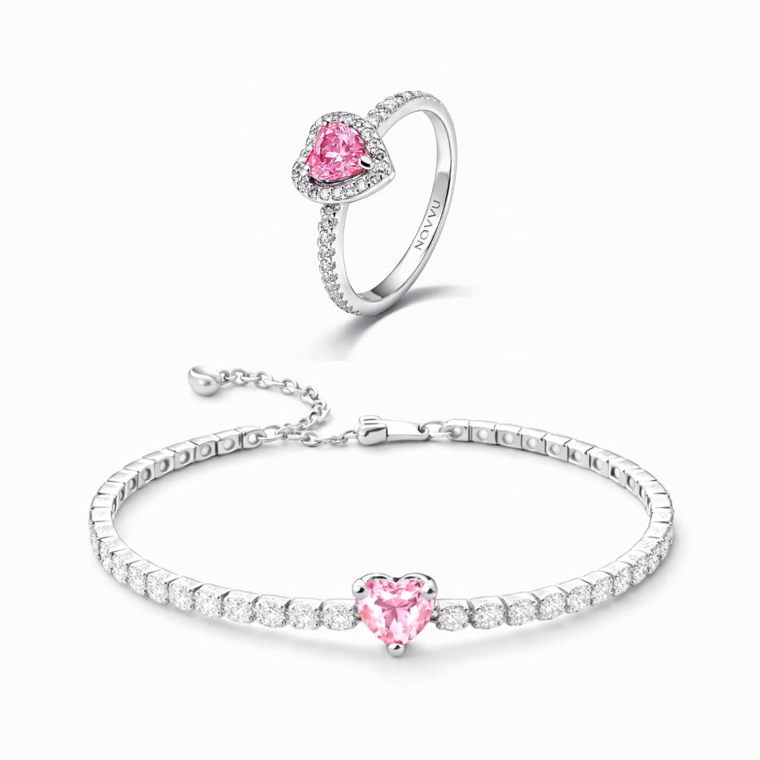 Set bijuterii Inel si Bratara Pink Heart Cu Argint - 48