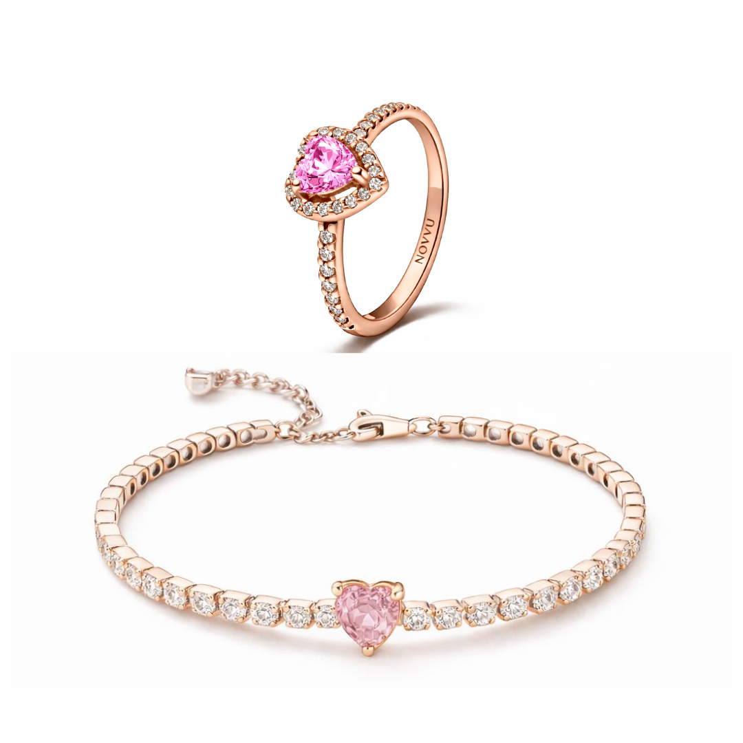 Set bijuterii Inel si Bratara Rose Pink Heart Cu Argint - 48