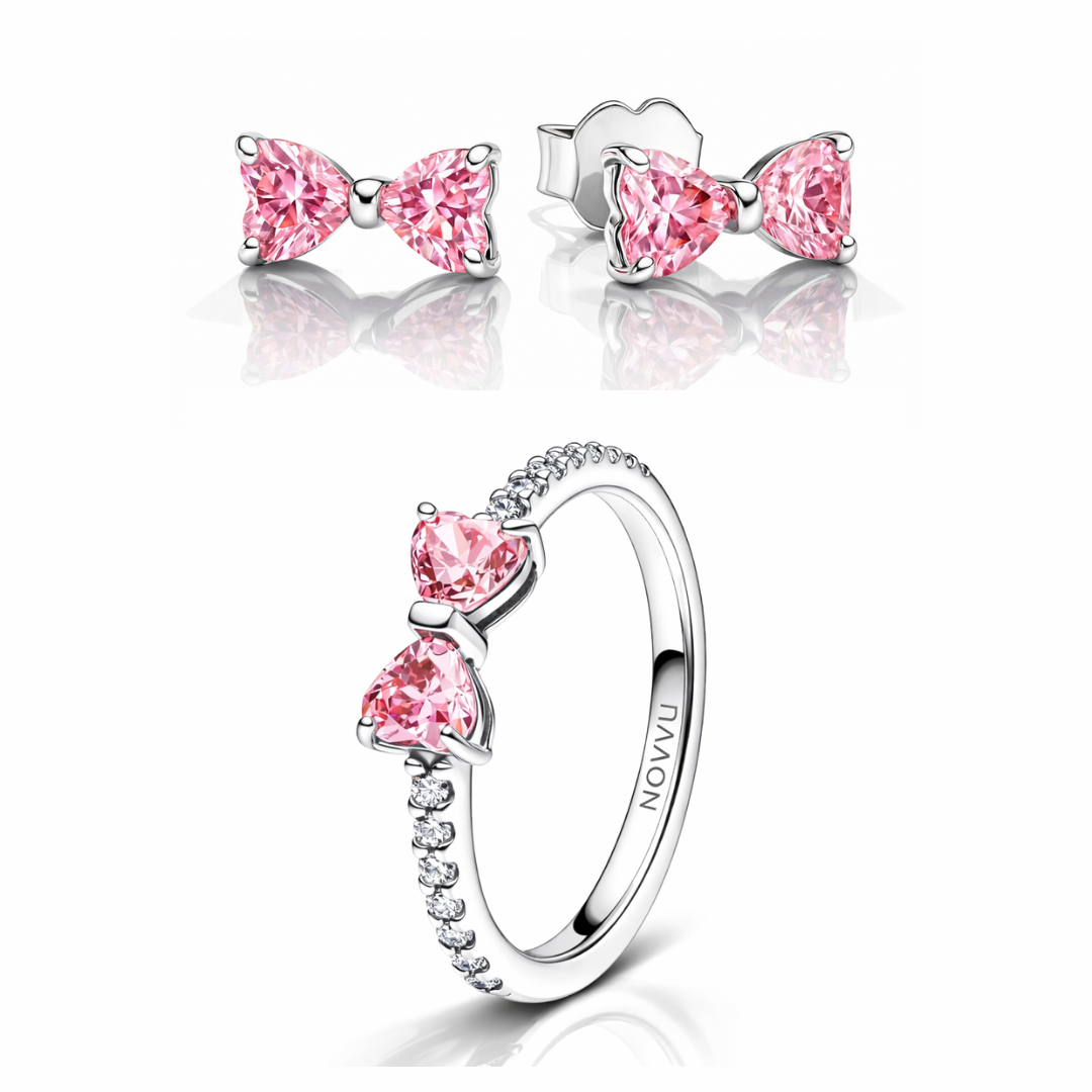 Set bijuterii Inel si Cercei Pink Bow Cu Argint - 48