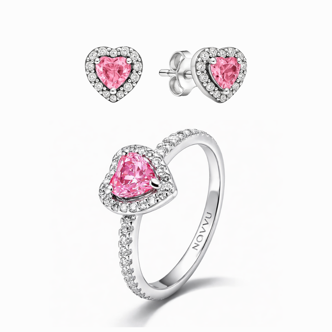 Set bijuterii Inel si Cercei Pink Heart cu Argint - 48