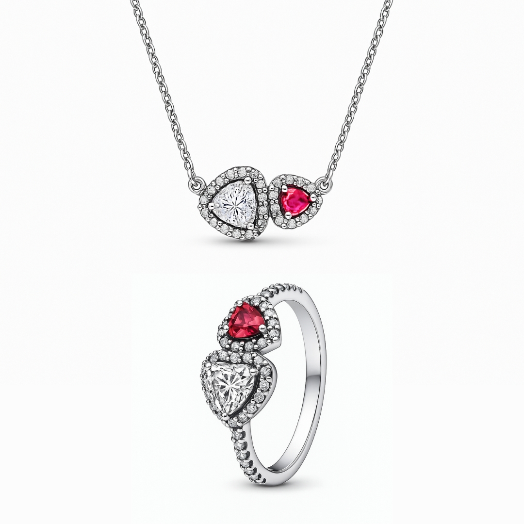 Set bijuterii Inel si Colier Dublu Heart cu Argint - 48