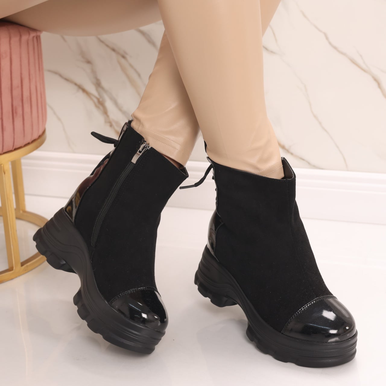 Sneakers dama Imblaniti cu Platforma Negri din Piele Eco Intoarsa Dalada - poza 1