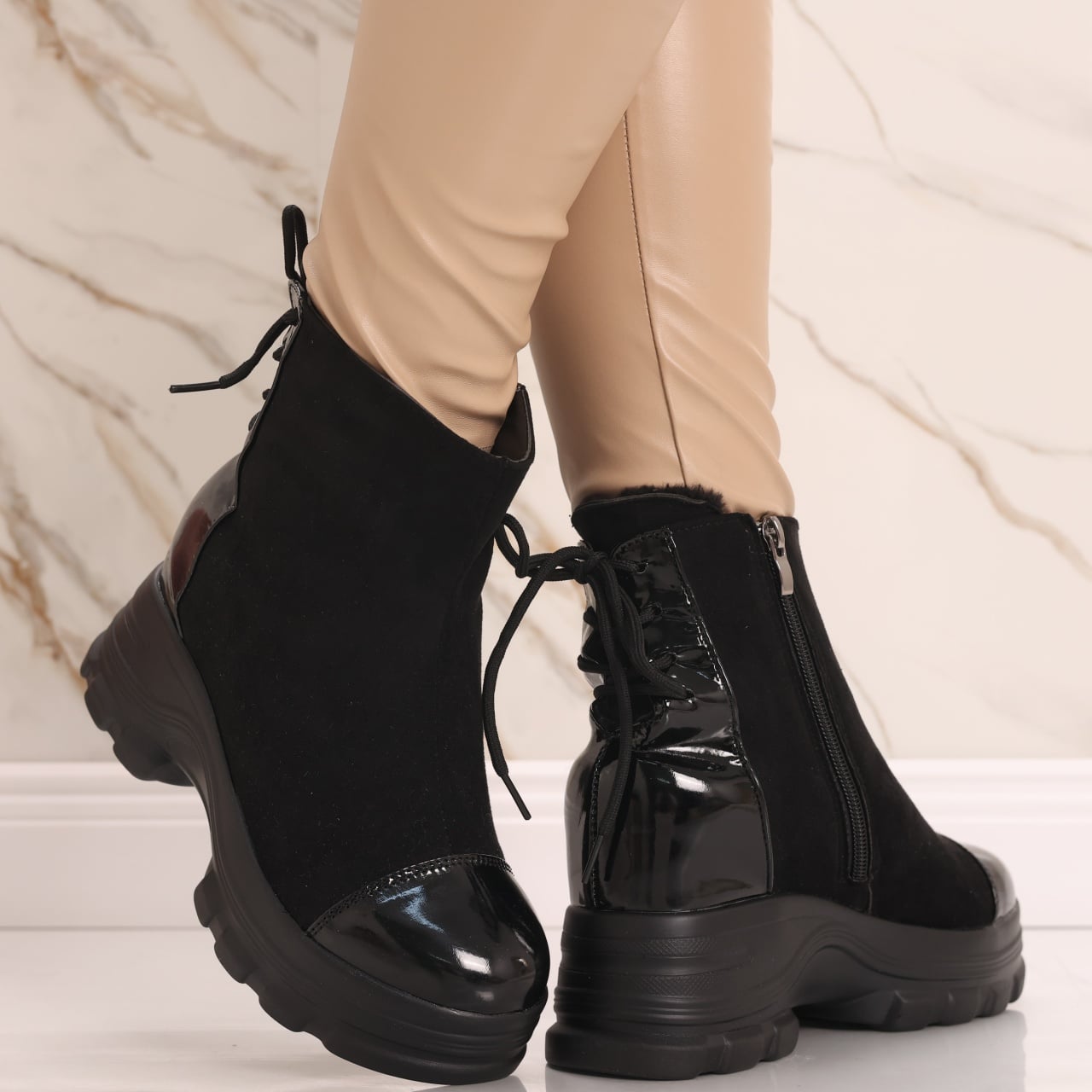 Sneakers dama Imblaniti cu Platforma Negri din Piele Eco Intoarsa Dalada - poza 2
