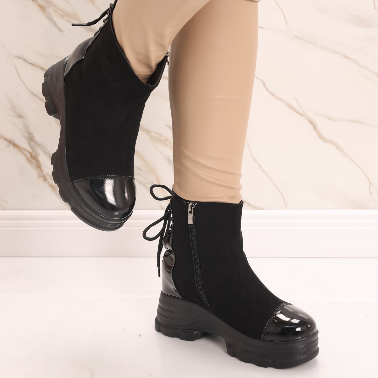 Sneakers dama Imblaniti cu Platforma Negri din Piele Eco Intoarsa Dalada - poza 4